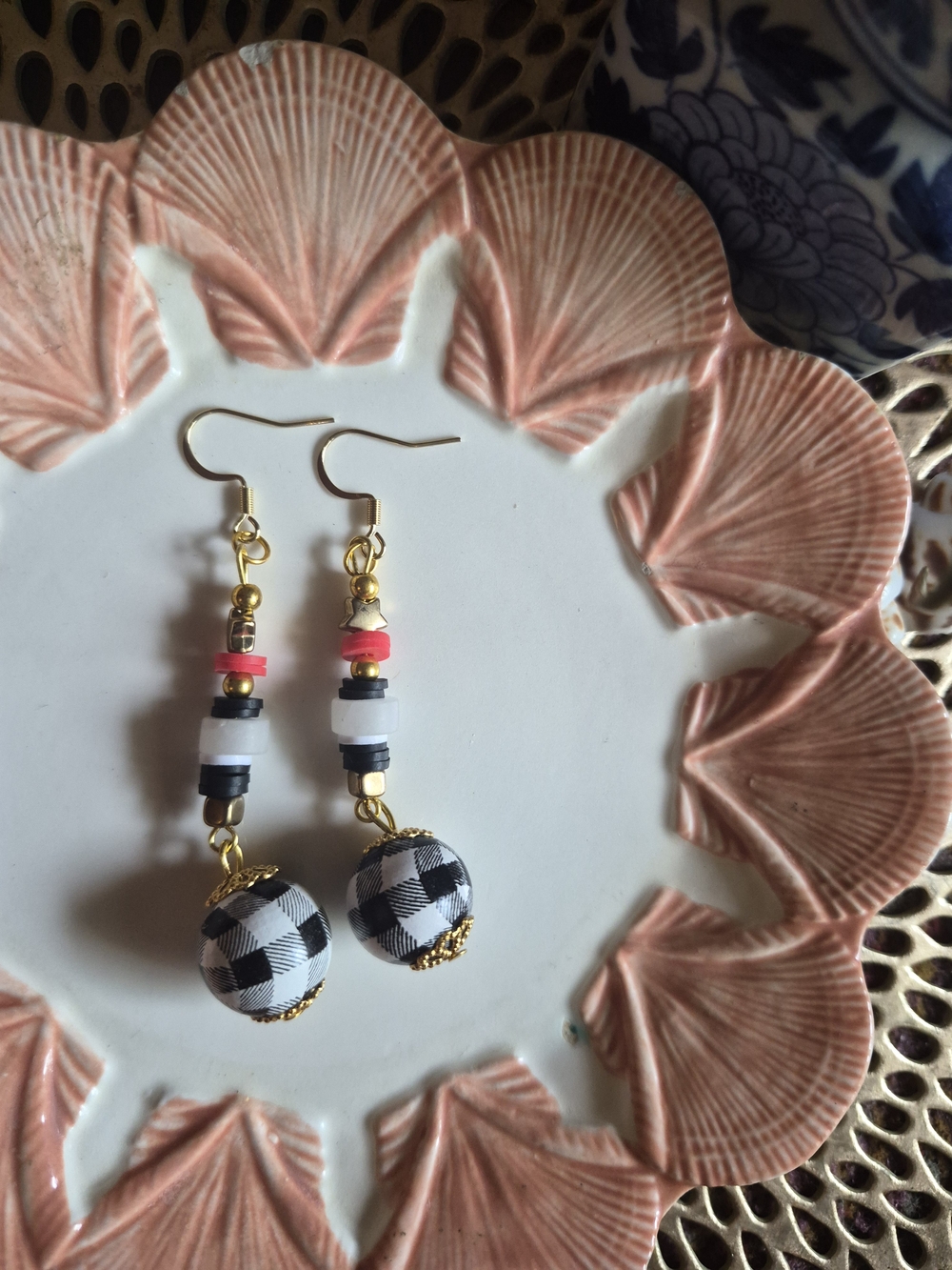 Gold-Tone Dangle Earrings with Black & White Check Fabric Beads and Pink Accents